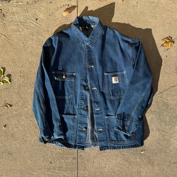 Vintage 1989 CARHARTT 100 yr style Denim Chore Jacket USA size L (flaw-hole) - Picture 6 of 6